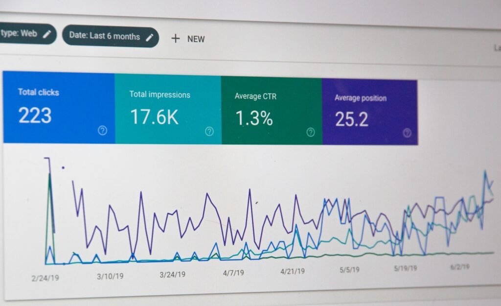 SEO dashboard with Google Search Console and analytics chart, tracking website performance