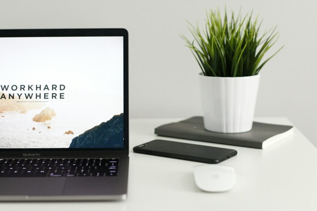 Web design workspace with MacBook Pro and potted plant for inspiration