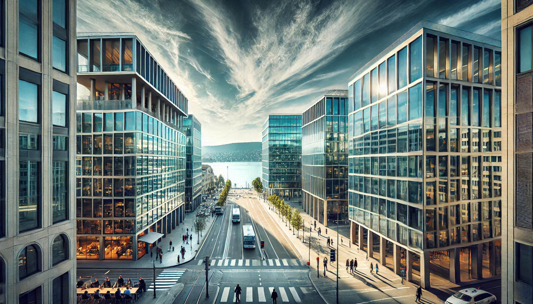 Wide-format DSLR photo of Zurich's business district with glass buildings, Lake Zurich, and the Swiss Alps, representing Swiss corporate tax for businesses.