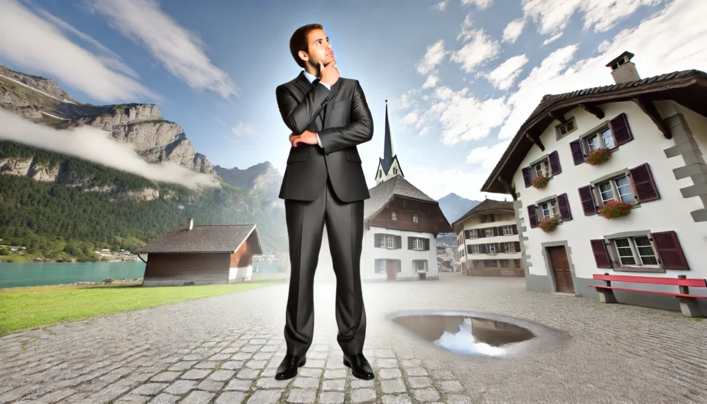 A contemplative entrepreneur standing in a scenic Swiss landscape, representing ambition and the process of starting a business in Switzerland.