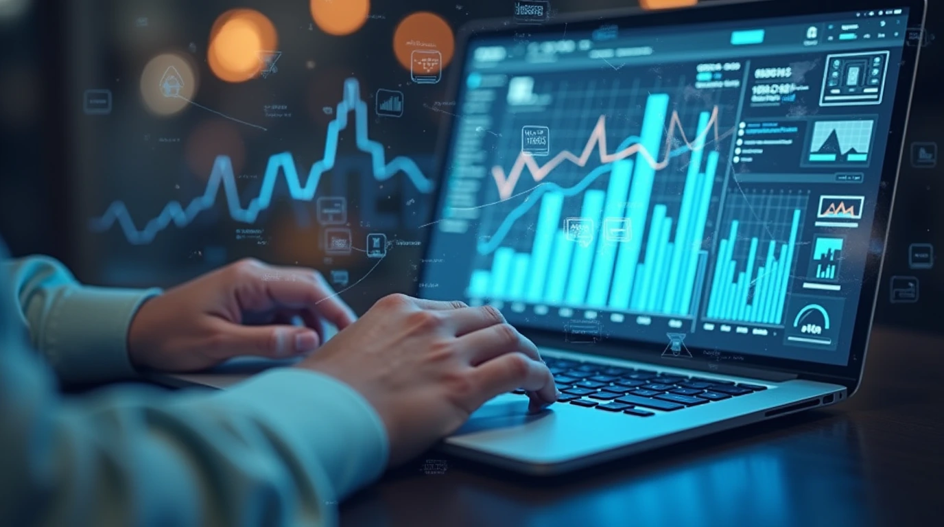 Dynamic digital collage showcasing trending charts, keyword analysis, and data graphs that highlight high-potential blog niches for English-speaking audiences.