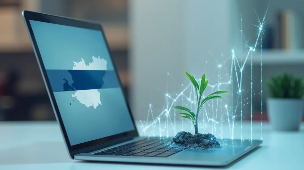 Laptop screen with Estonian flag, showing a digital plant and glowing growth lines emerging upwards, symbolizing SaaS business growth through Estonia's e-Residency.