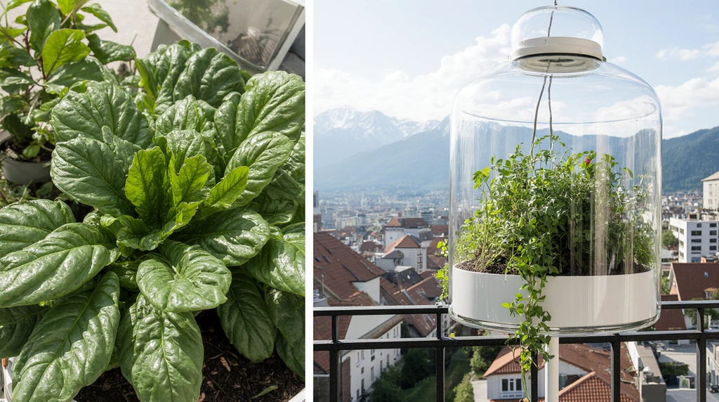 Compact hydroponic micro-greenhouse system on Swiss apartment balcony growing fresh alpine herbs including Swiss chard and mountain thyme