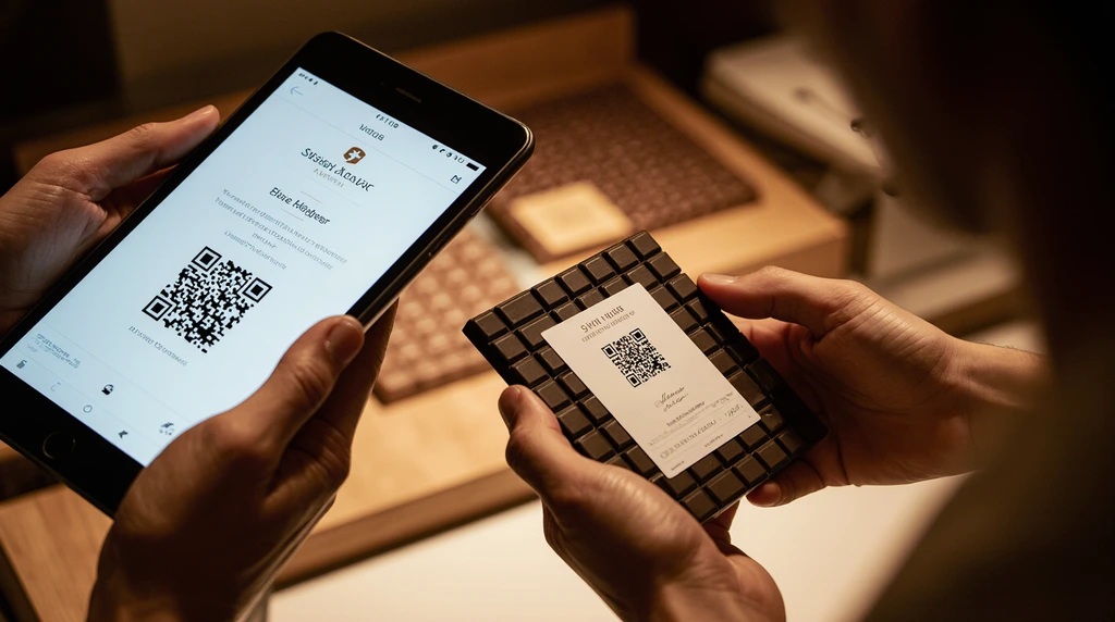 Swiss artisan chocolatier workshop featuring blockchain QR code verification system for limited-edition premium chocolate batches with digital provenance tracking