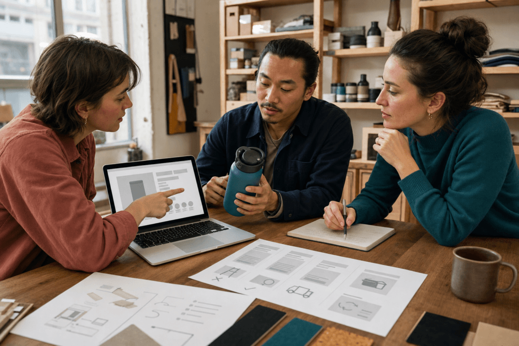 Customer and small online-business team reviewing product evidence, delivery terms and checkout choices to remove decision confusion