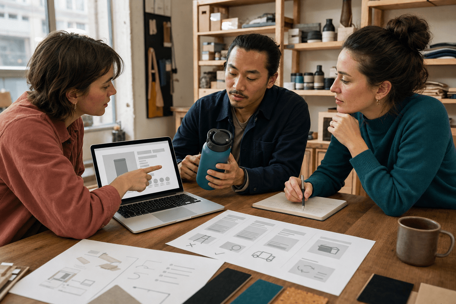 Customer and small online-business team reviewing product evidence, delivery terms and checkout choices to remove decision confusion