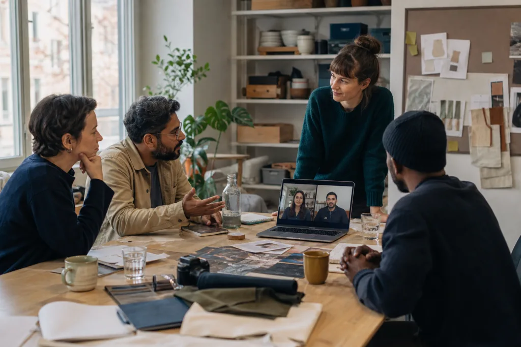 Small business facilitating an online and in-person community session where members help one another solve a practical problem