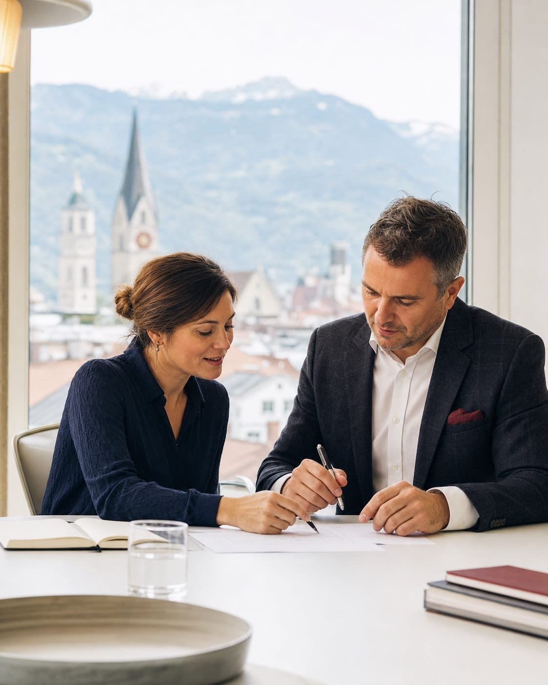 Two business professionals reviewing a Swiss company formation plan in a Chur office
