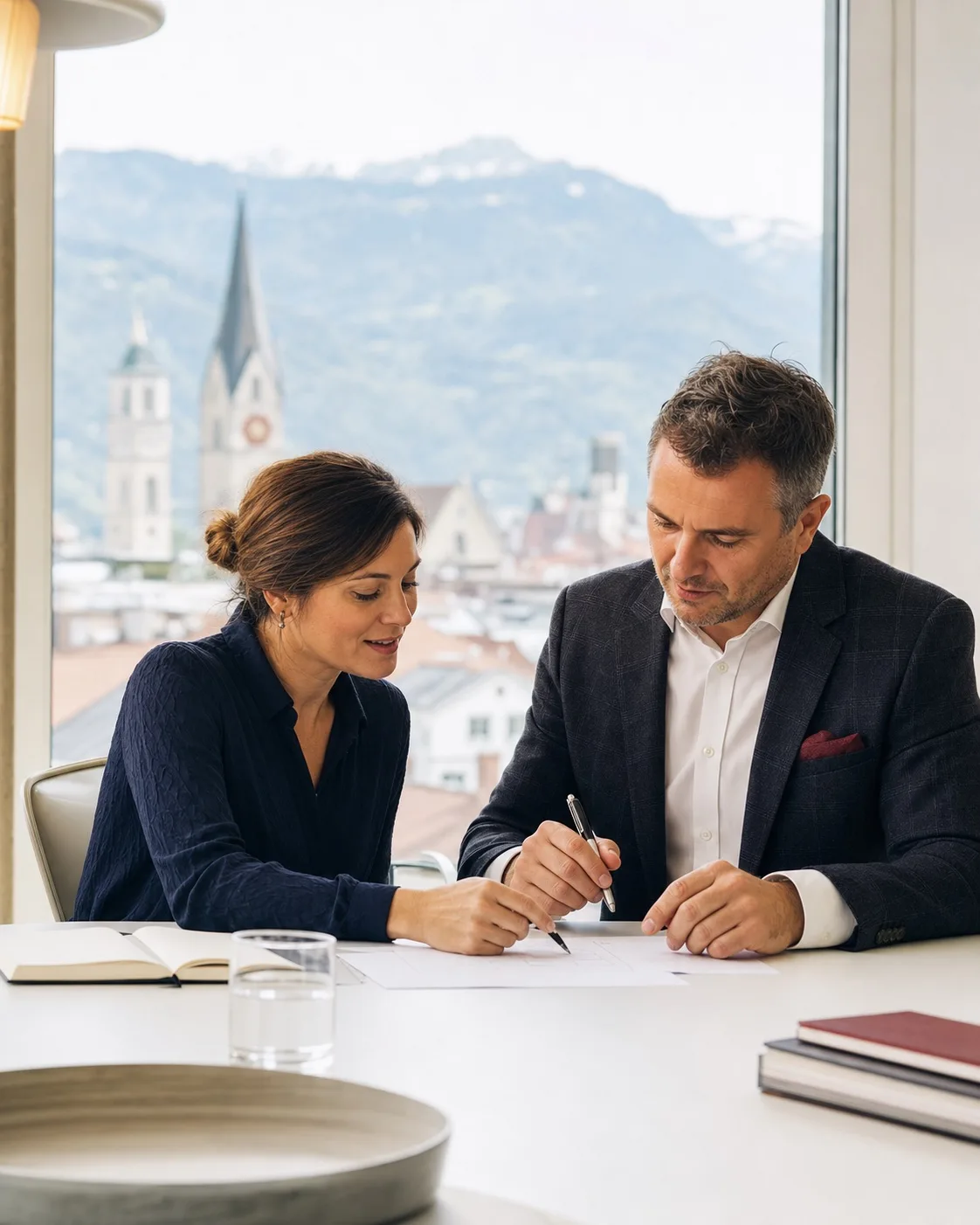 Two business professionals reviewing a Swiss company formation plan in a Chur office