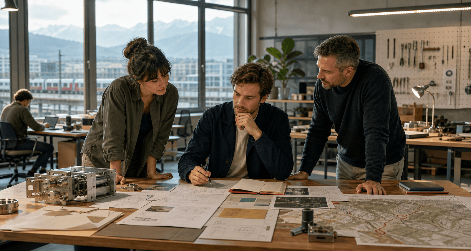 Foreign founder and Swiss collaborators evaluating customers, skilled talent, infrastructure and a precision prototype before choosing Switzerland as an operating base