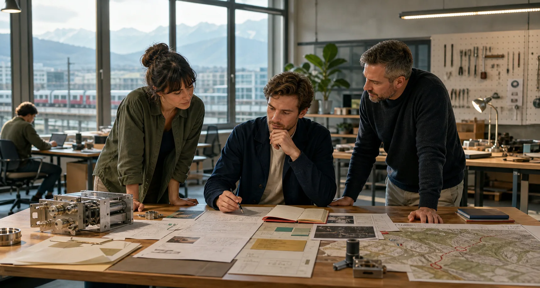 Foreign founder and Swiss collaborators evaluating customers, skilled talent, infrastructure and a precision prototype before choosing Switzerland as an operating base