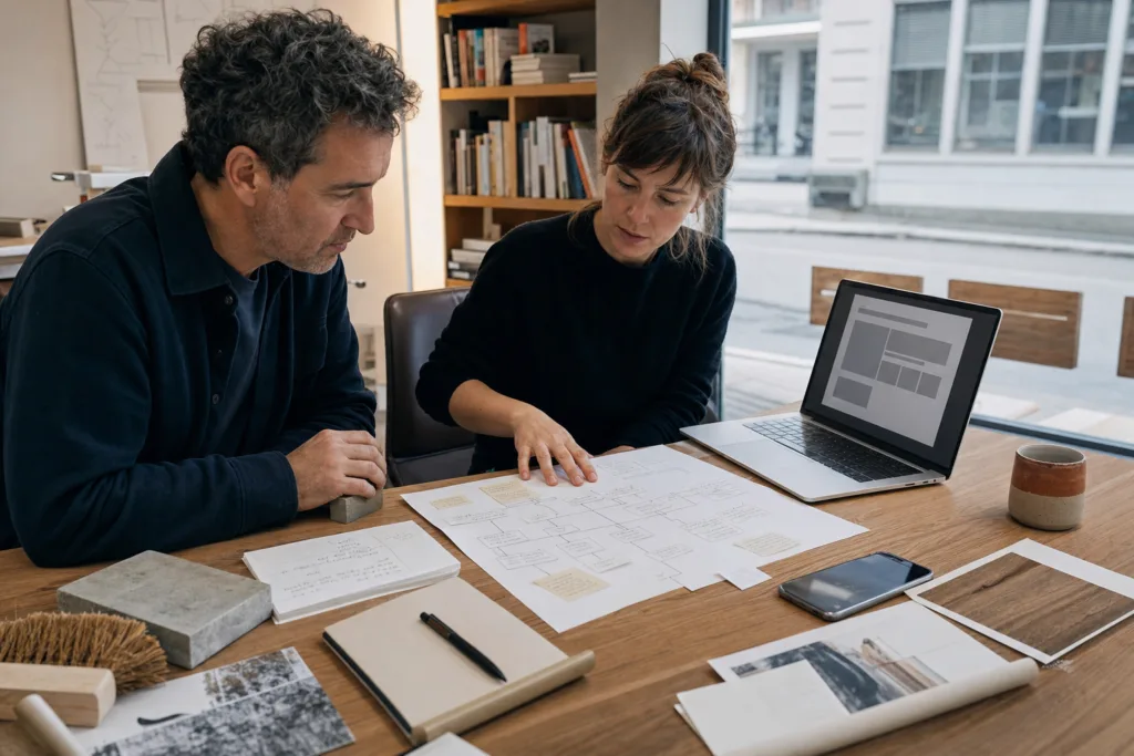 Swiss small-business owner and web designer mapping customer evidence, service decisions and website structure before beginning visual design