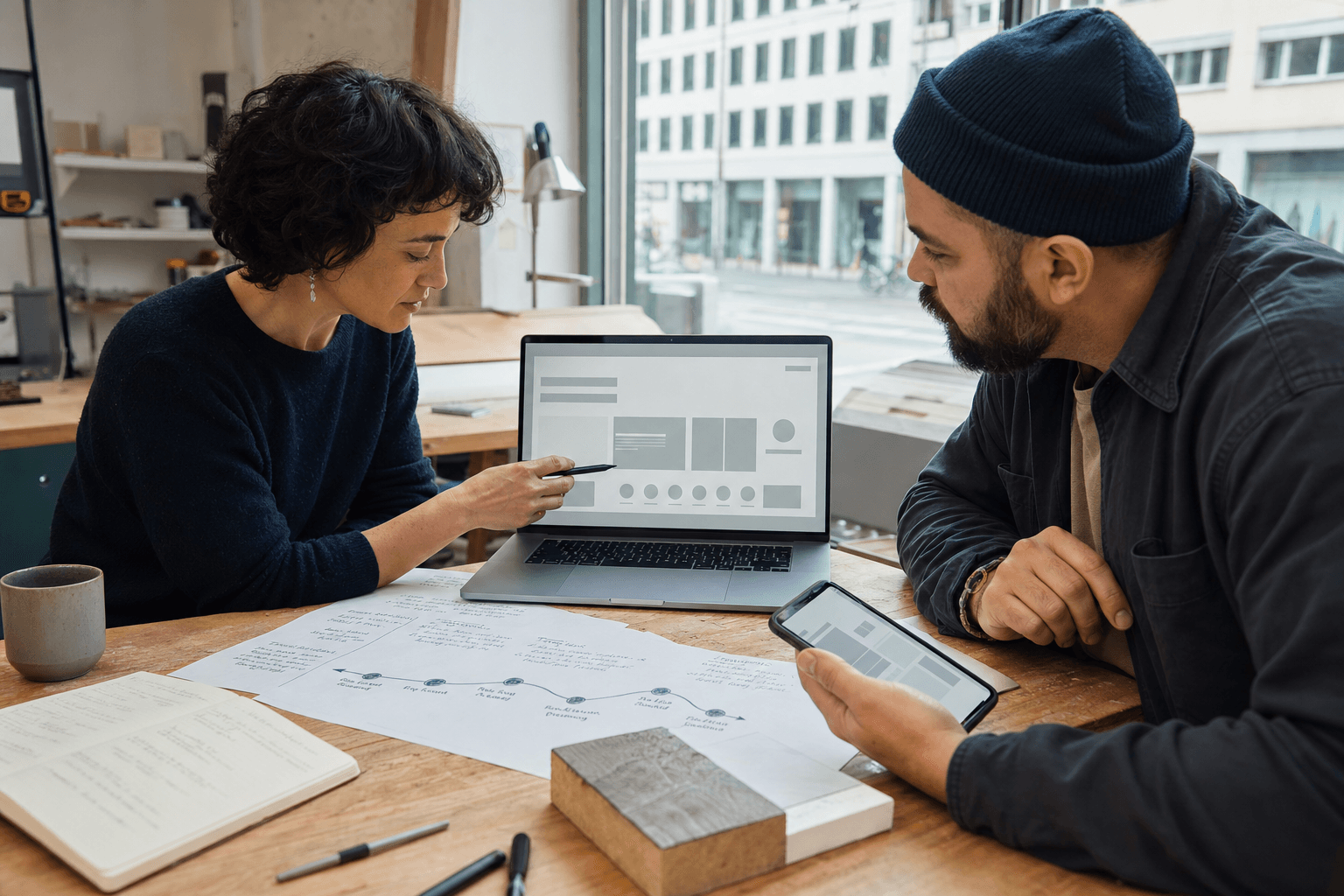 Swiss small-business owner and web strategist reviewing the customer journey across a laptop, mobile phone and service notes