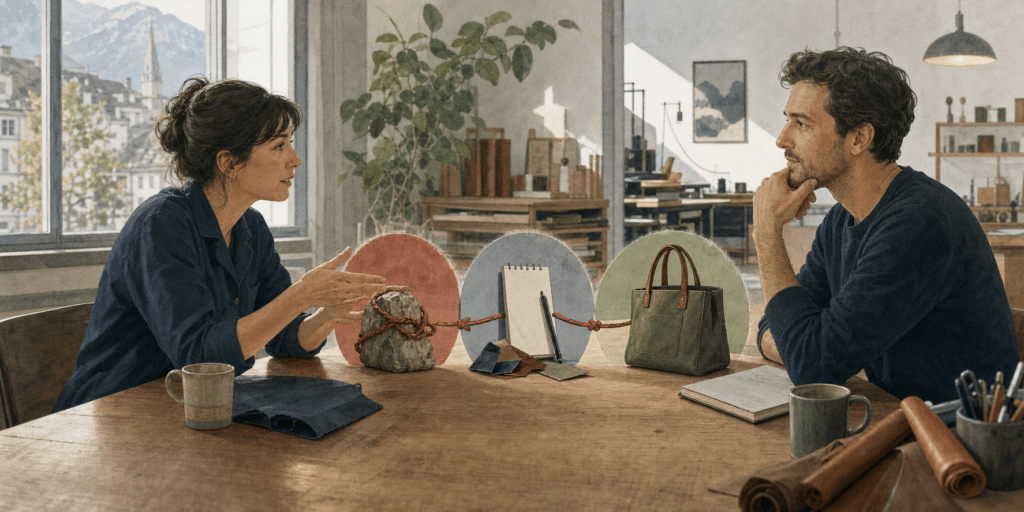 Small-business owner listening to a customer as a story moves from a difficult problem through a decision to a useful outcome