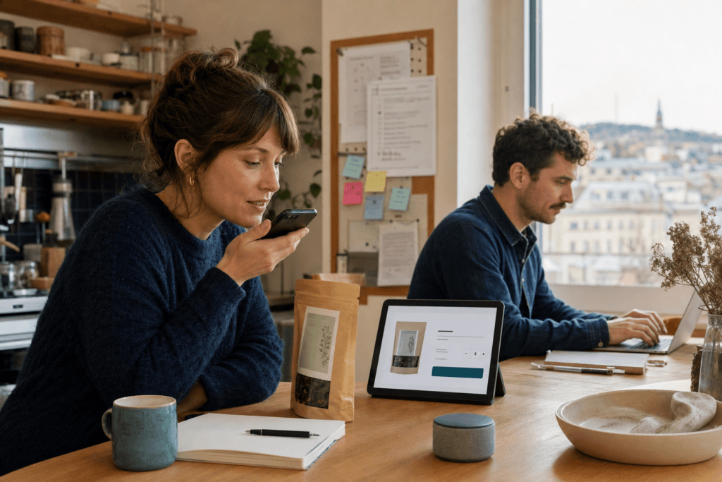Customer using voice to repeat an order while a screen confirms the exact product, quantity and choice and an operator tests the flow