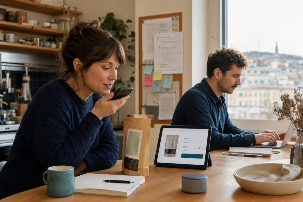 Customer using voice to repeat an order while a screen confirms the exact product, quantity and choice and an operator tests the flow