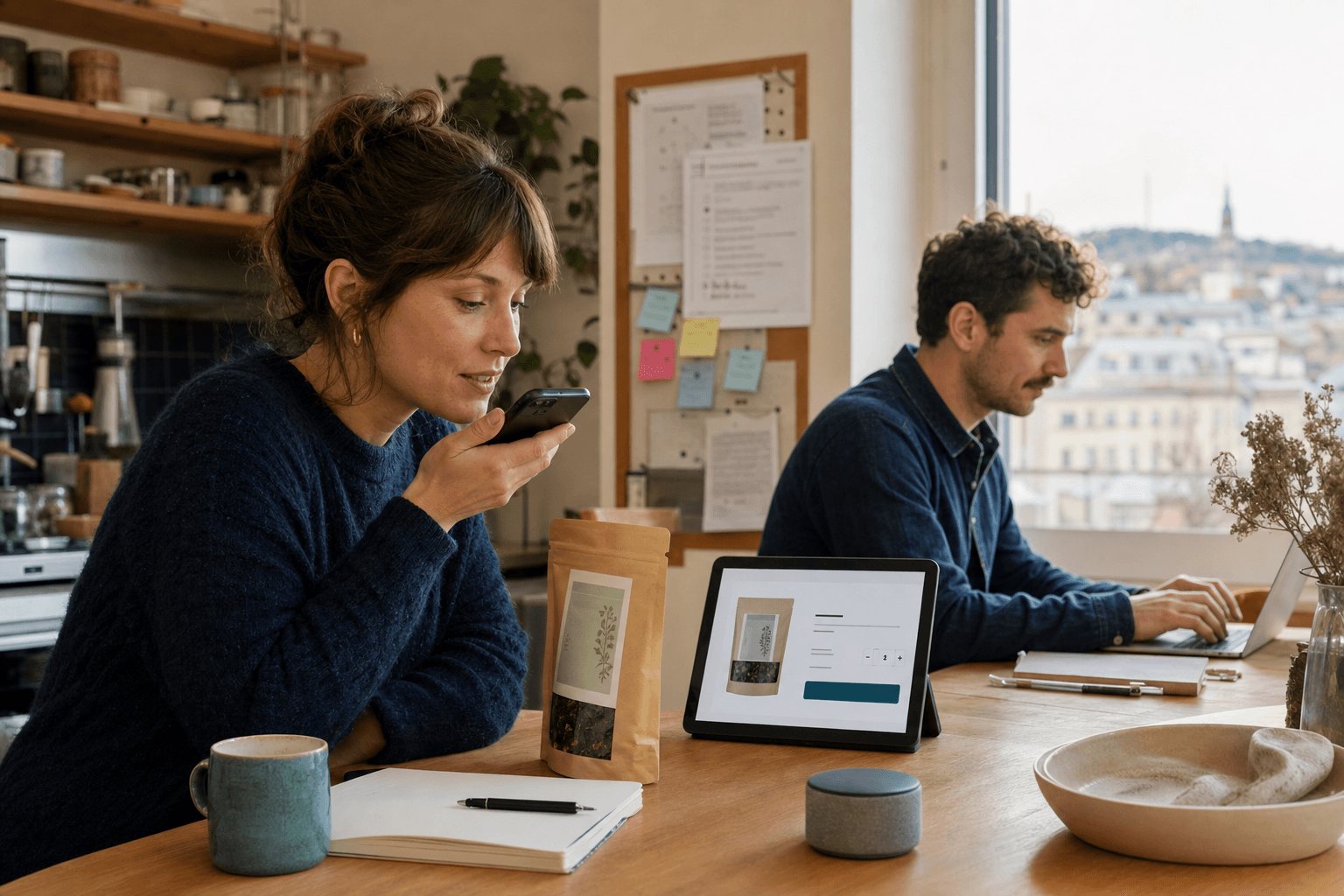 Customer using voice to repeat an order while a screen confirms the exact product, quantity and choice and an operator tests the flow